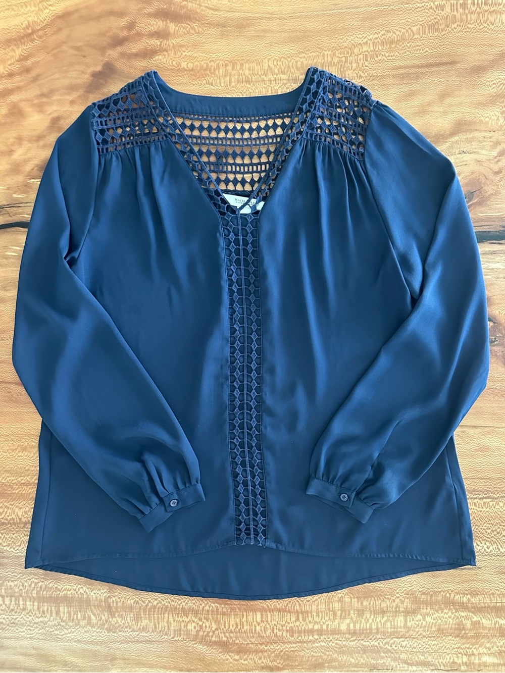 White House Black Market Navy Blue Crochet Lace Long Sleeve Blouse Top | Size:10